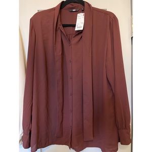 Uniqlo Brown Long Sleeve Bow Tie Blouse XL